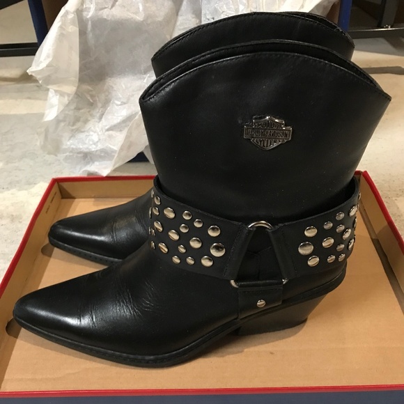 Harley-Davidson Studded Leather Moto Booties Women's Size 5.5 Black Pointy Toe - Picture 2 of 7